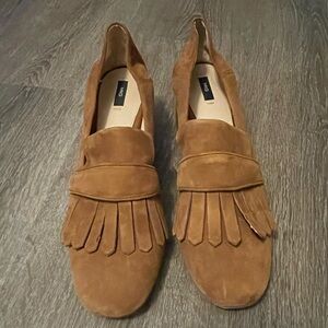 Mango Brown Suede Fringe Heeled Loafers